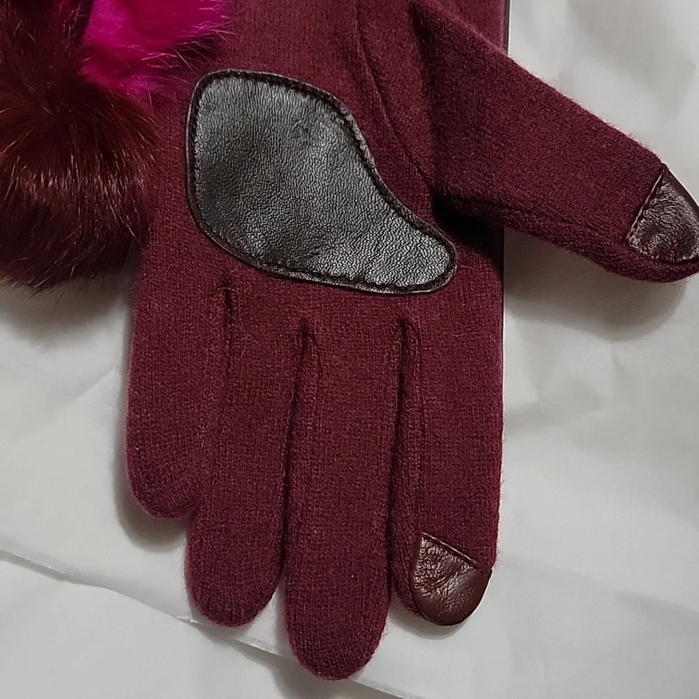 Nwt Echo Leather Cashmere Wool Colorblock Fur Pom Pom Gloves Maroon Pink